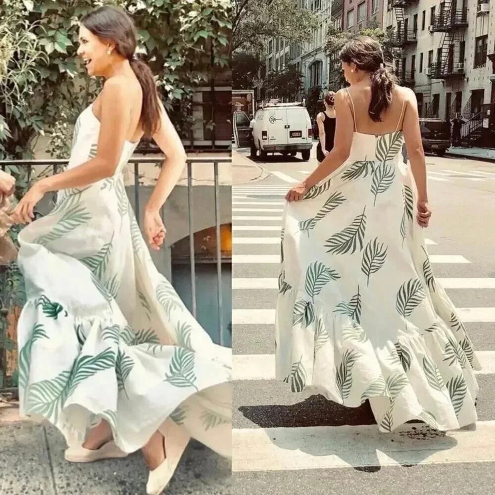 Mestiza Cleo Ballgown Cream Green Palm Leaf High Low Dress Linen Wedding Size 6 - Picture 14 of 16